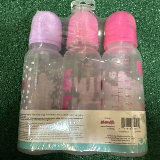 Disney Cudlie Minnie Mouse baby girl 3 pack 9oz feeding bottles with pink and purple caps and design details