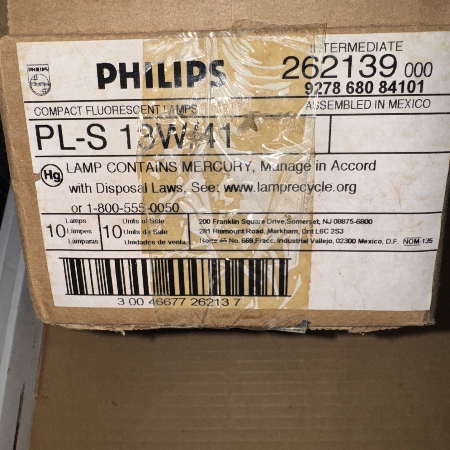 Philips PL-S 13W compact fluorescent twin bulb lamp box with 10 units and GX23 2 pin base label visible