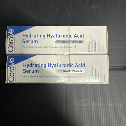 Two CeraVe Hydrating Hyaluronic Acid Serum 1 oz boxes stacked with product details and branding visible