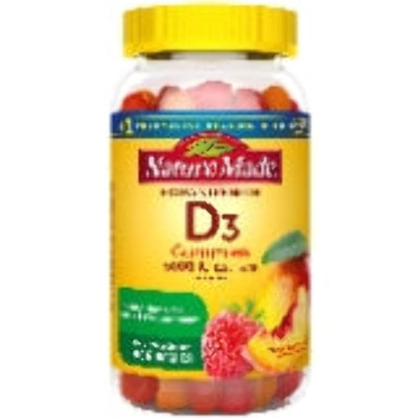 Transparent plastic bottle with a yellow cap containing gummy vitamins, featuring a yellow label with images of raspberries and peaches and text indicating vitamin D3 content.