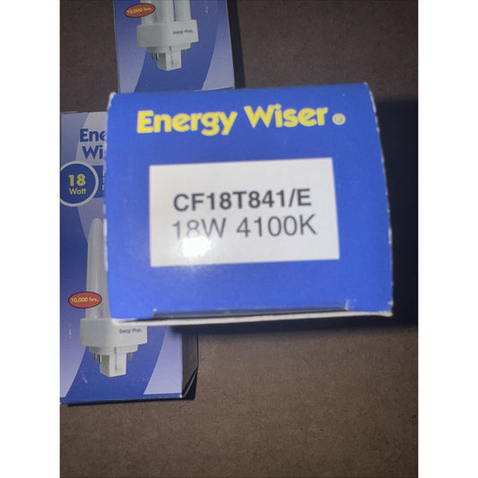 Energy Wiser fluorescent replacement bulb box showing CF18T841/E model 18W 4100K with blue and white packaging
