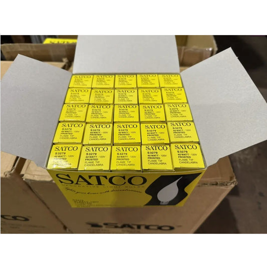 Box of Satco S3279 frosted flame tip candelabra base bulbs 40W 120V pack of 25 with yellow labels visible