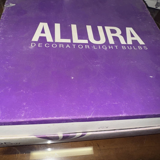 Purple box packaging of ALLURA decorator light bulbs with white brand name and product description on top