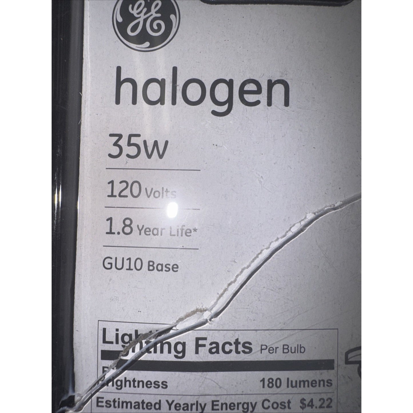 GE 61142 GU10 35W halogen indoor floodlight bulb with 120 volts and 180 lumens brightness on label