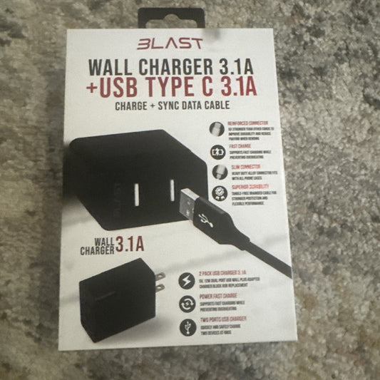 Blast Wall Charger 3.1A + USB Type C Charge + Sync Data Cable 6FT