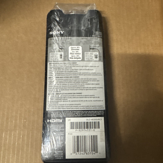 Sony HDMI DLC-HE20S/BC1 new and sealed cable packaging showing product details and barcode on the back