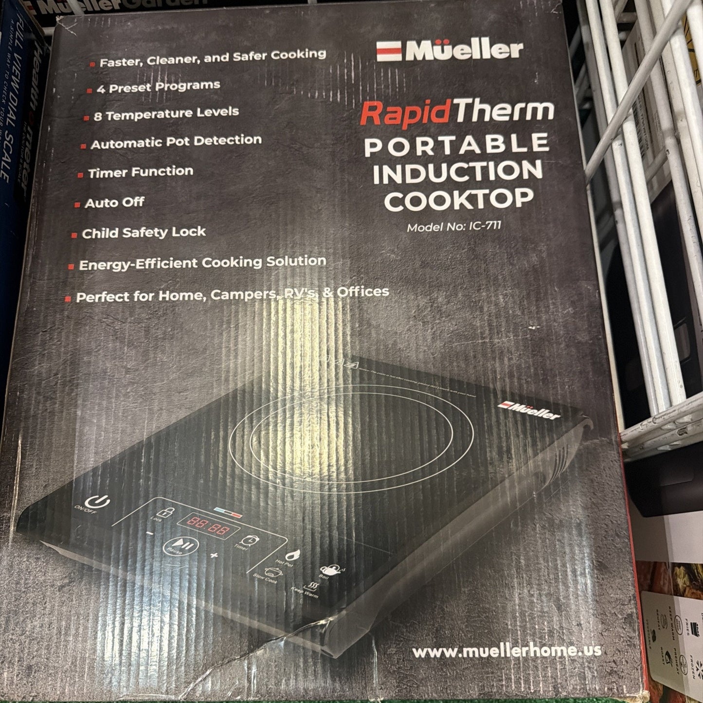 Mueller RapidTherm portable induction cooktop box showing features like 4 preset programs, 8 temperature levels, automatic pot detection, timer, child safety lock, and energy-efficient design.