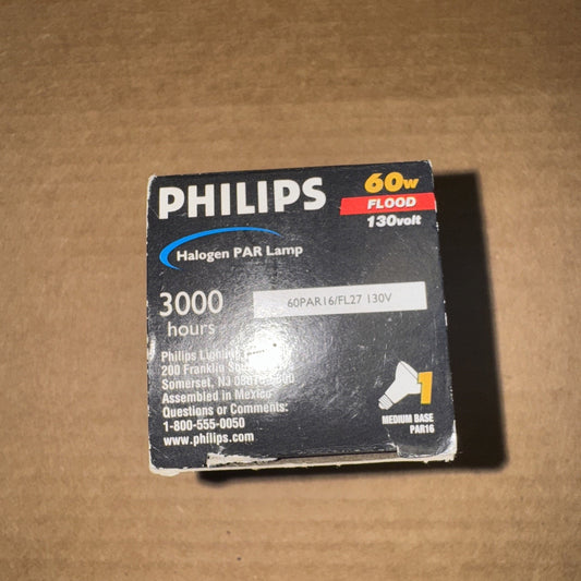 PHILIPS 60W 130V halogen flood light bulb box showing PAR38 lamp with 3000 hours and medium base details