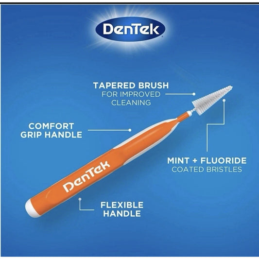 DenTek interdental brush with tapered mint and fluoride coated bristles and flexible comfort grip handle on blue background