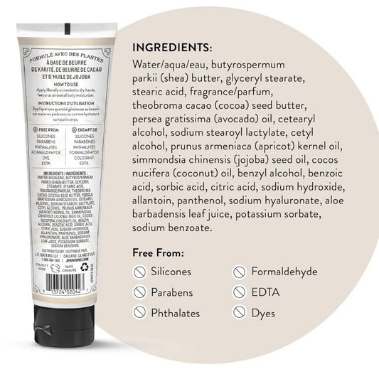 10 Natural Moisturizing Hand Cream tube with ingredients list highlighting shea butter and hydrating oils on beige background