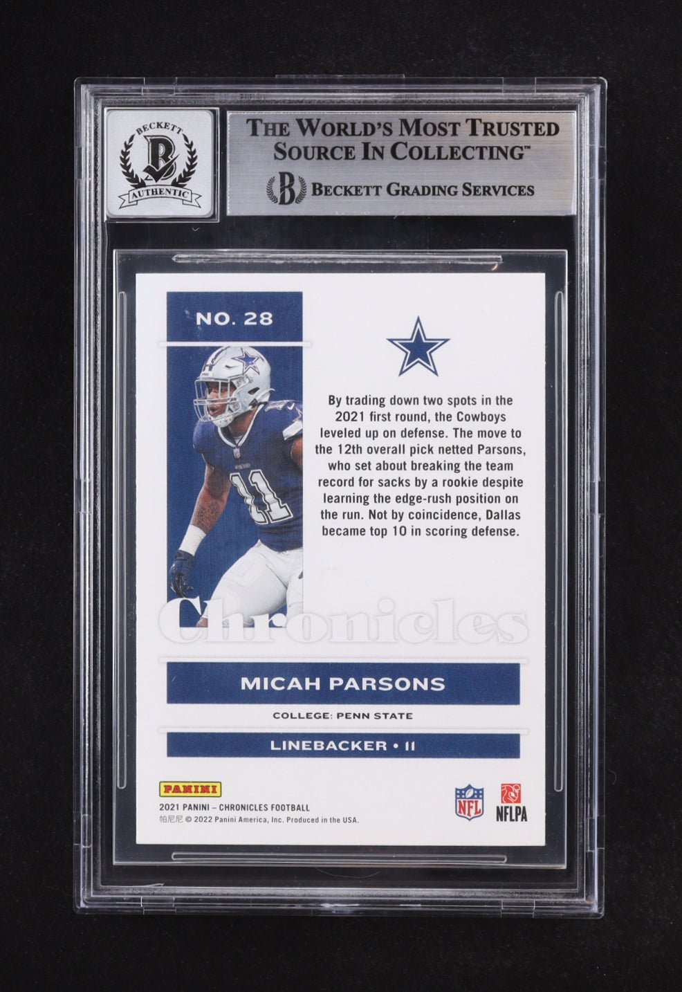 Micah Parsons 2021 Panini Chronicles Rookie Card Autograph (view 2)