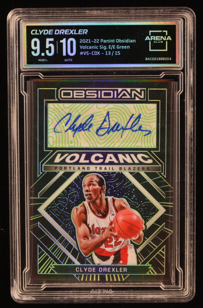 Clyde Drexler 2021-22 Panini Obsidian Volcanic Signatures Electric Etch Green #22 #13/15 (Arena 9.5 | Autograph ), Sports...