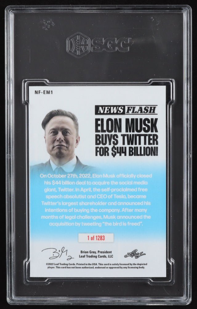 Elon Musk 2022 Leaf Pop Century News Flash "ELON MUSK BUYS TWITTER" #NFEM1 (SGC 9.5), Sports Card (view 2)
