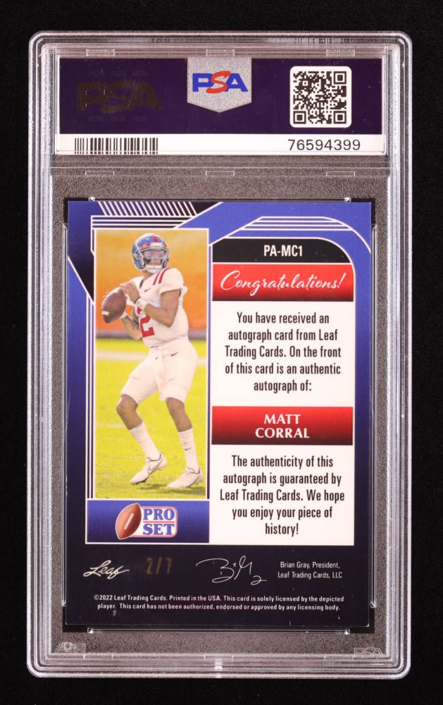 Matt Corral 2022 Pro Set Metal Auto #PAMC1 RC, 2/7 (PSA 9), Sports Card