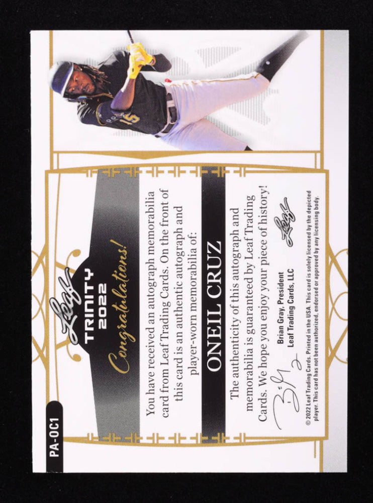 Oneil Cruz 2022 Leaf Trinity Patch Autographs Silver Foil #PAOC1 RC #35/99, Sports Card