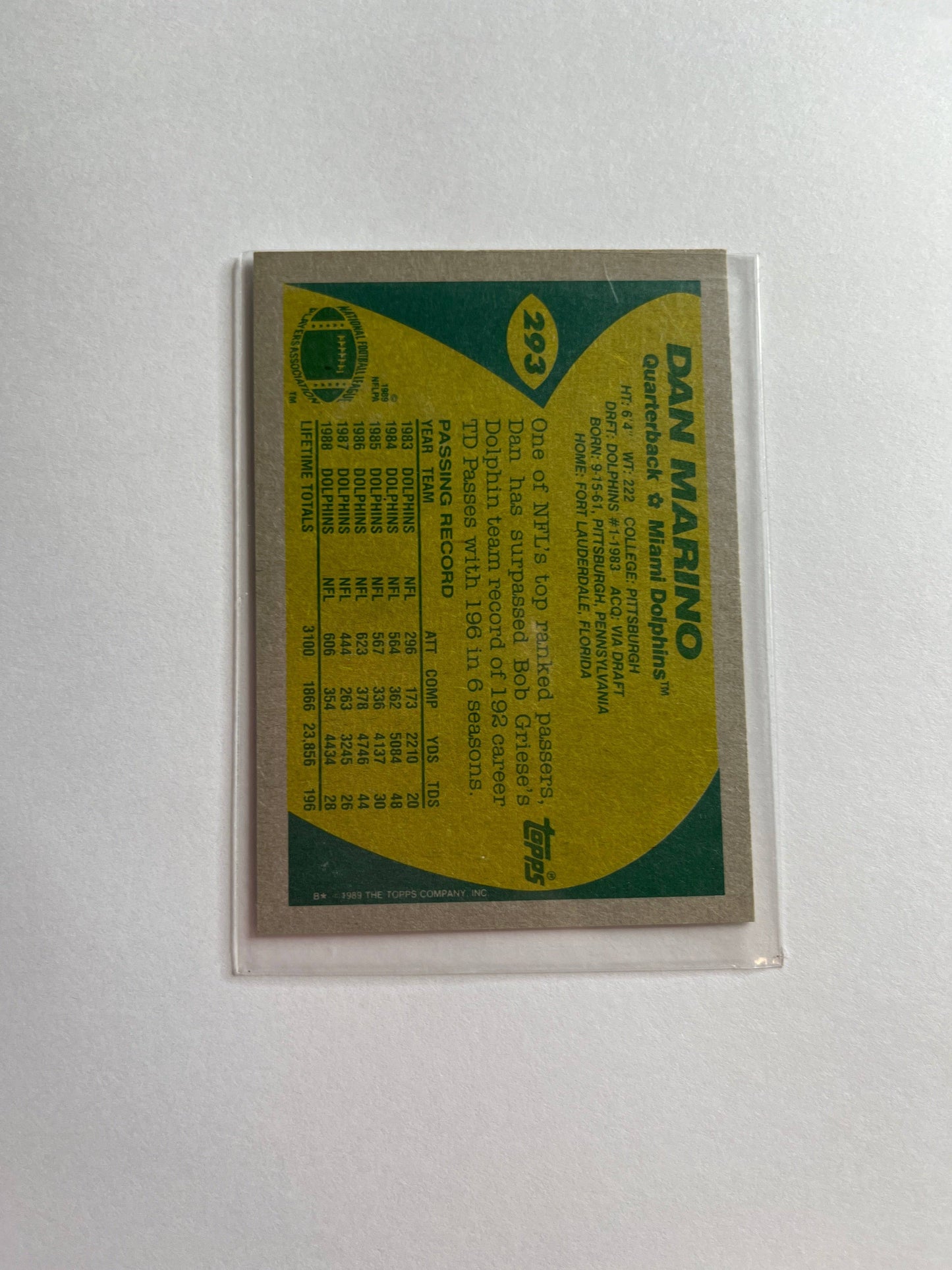 1998 Bowman’s Best Dan Marino football card showing his career stats and team information on the back