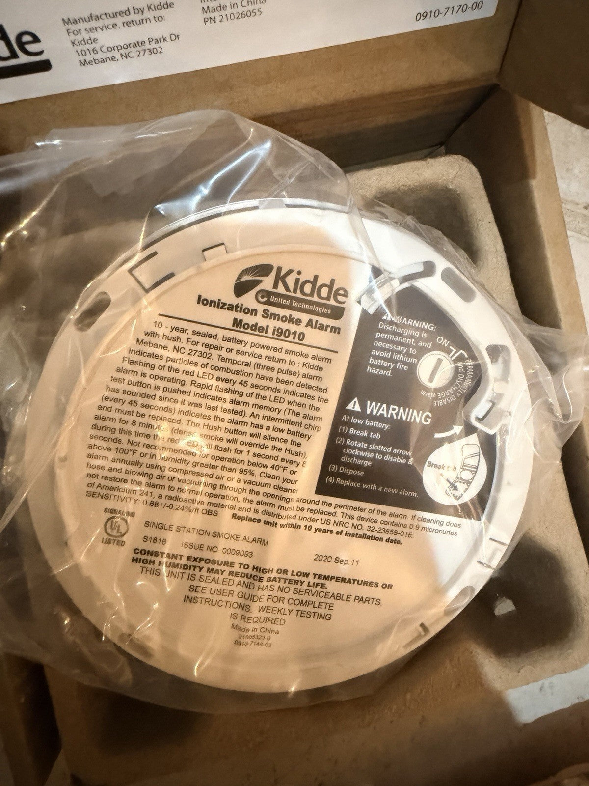Kidde i9010 Ionization Smoke Alarm 10-Year Sealed Battery 21026055