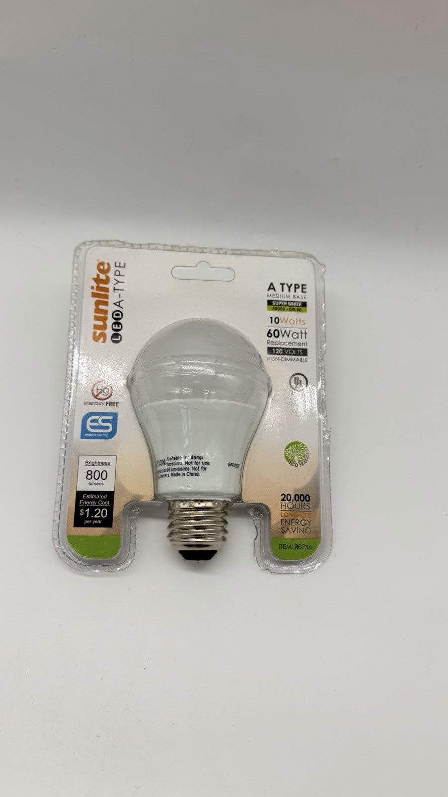 Sunlite A19 LED Light Bulb 10W 60W Equivalent 5000K 800 Lumens Non-Dimmable