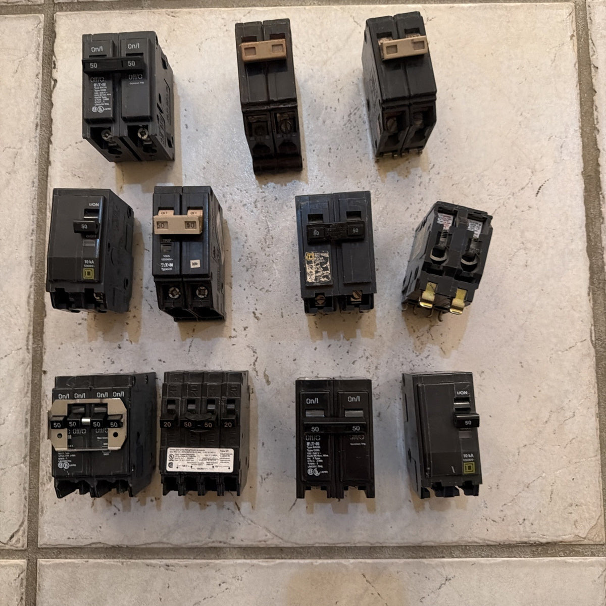 Lot of 11 Assorted 50 Amp 2-Pole Circuit Breakers Eaton BR Square D Challenger