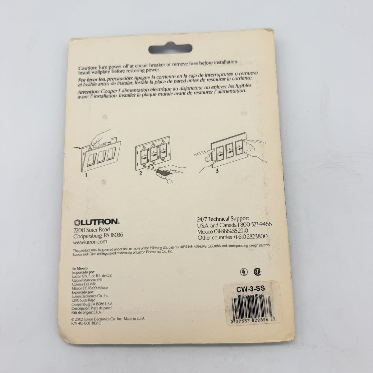 Lutron Claro CW-3-SS 3-Gang Screwless Decorator Wallplate Stainless Steel