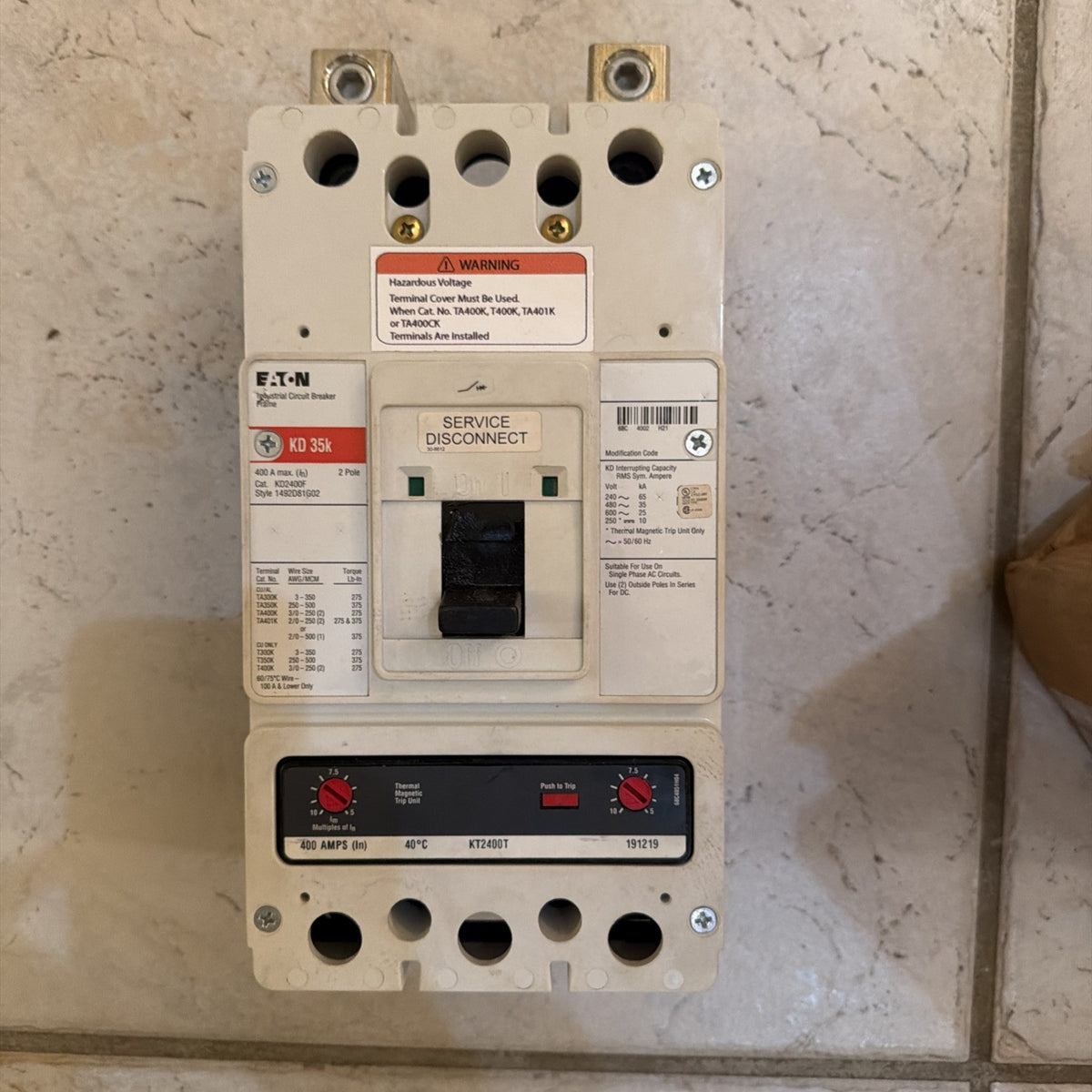 Eaton Series C KD3400F 400A 3-Pole Circuit Breaker Frame with KT2400T Trip Unit