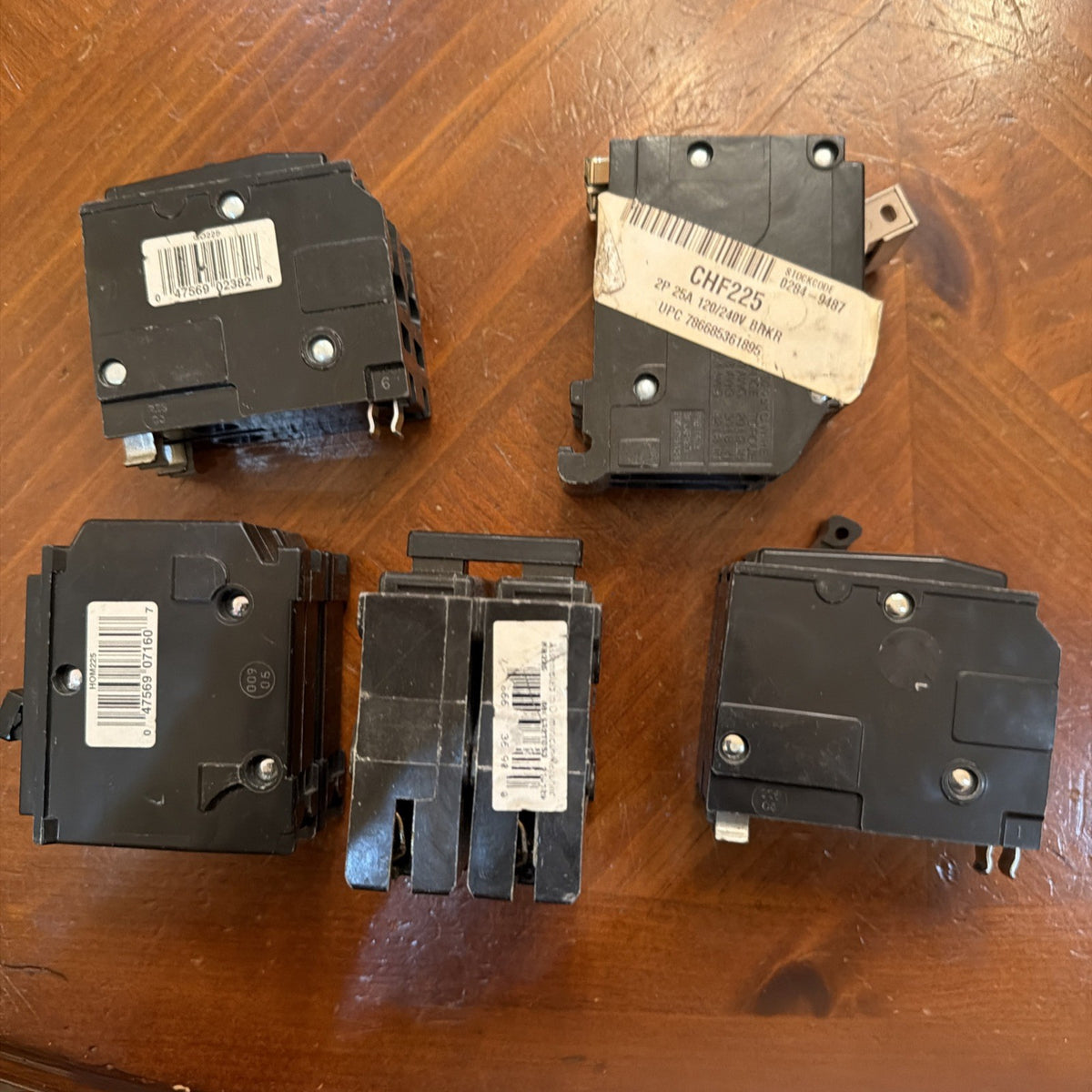 Lot of 5 Assorted 25 Amp 2-Pole Circuit Breakers Eaton BR CH Square D Homeline
