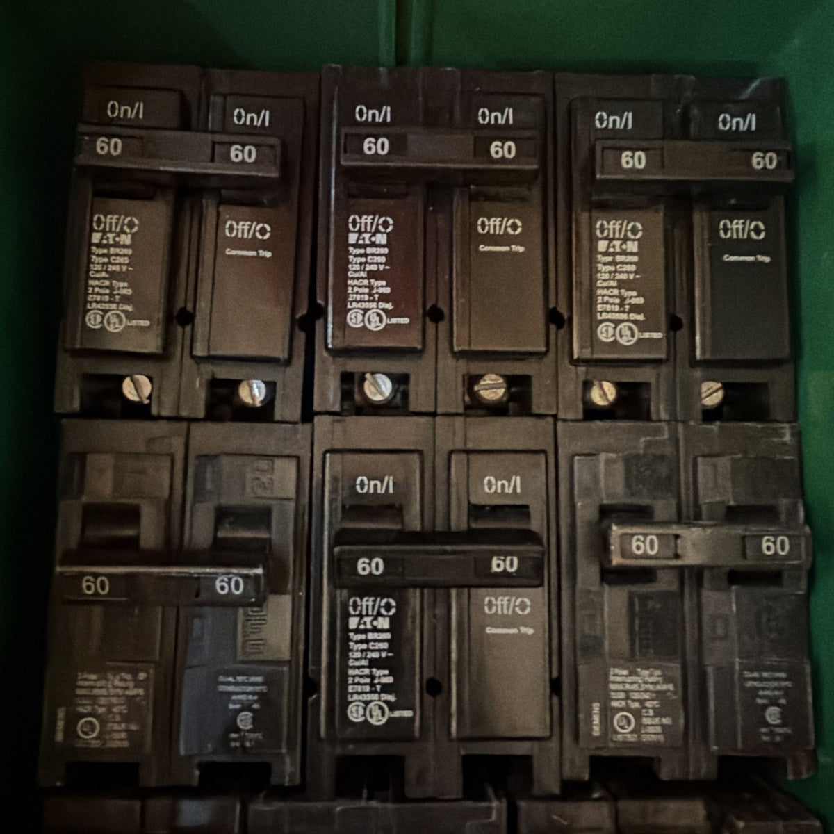 Lot of 13 Assorted 60 Amp 2-Pole Circuit Breakers Eaton BR Square D Homeline
