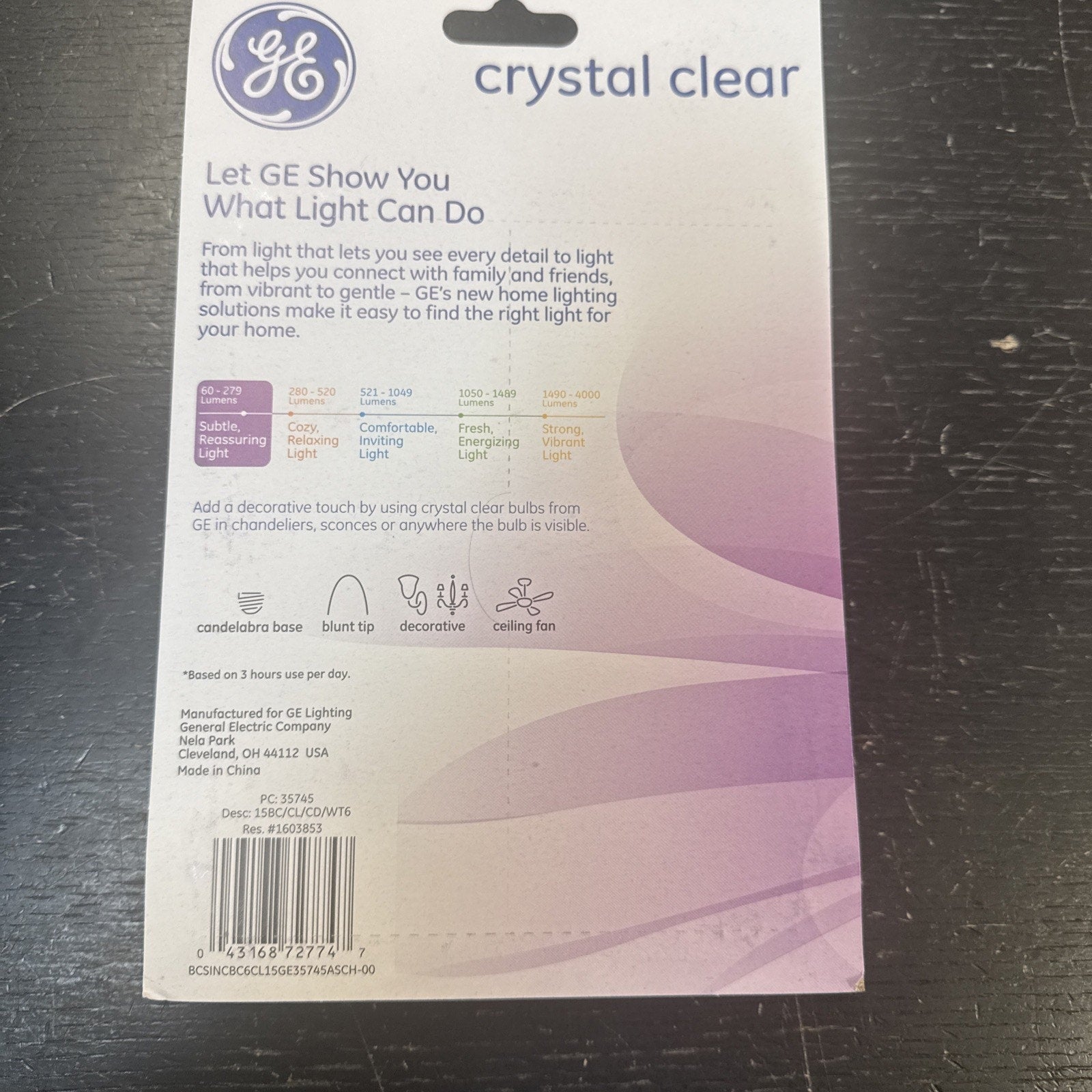 2X GE 6 Pack Crystal Clear Soft White 15 Watt Bulbs packaging showing light descriptions and usage suggestions