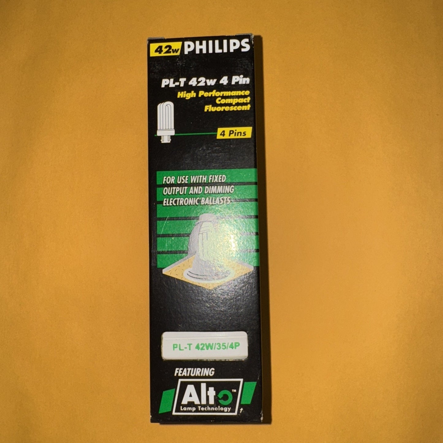 Philips PL-T 42w 4 Pin compact fluorescent bulb box showing product details and Alto Lamp Technology branding