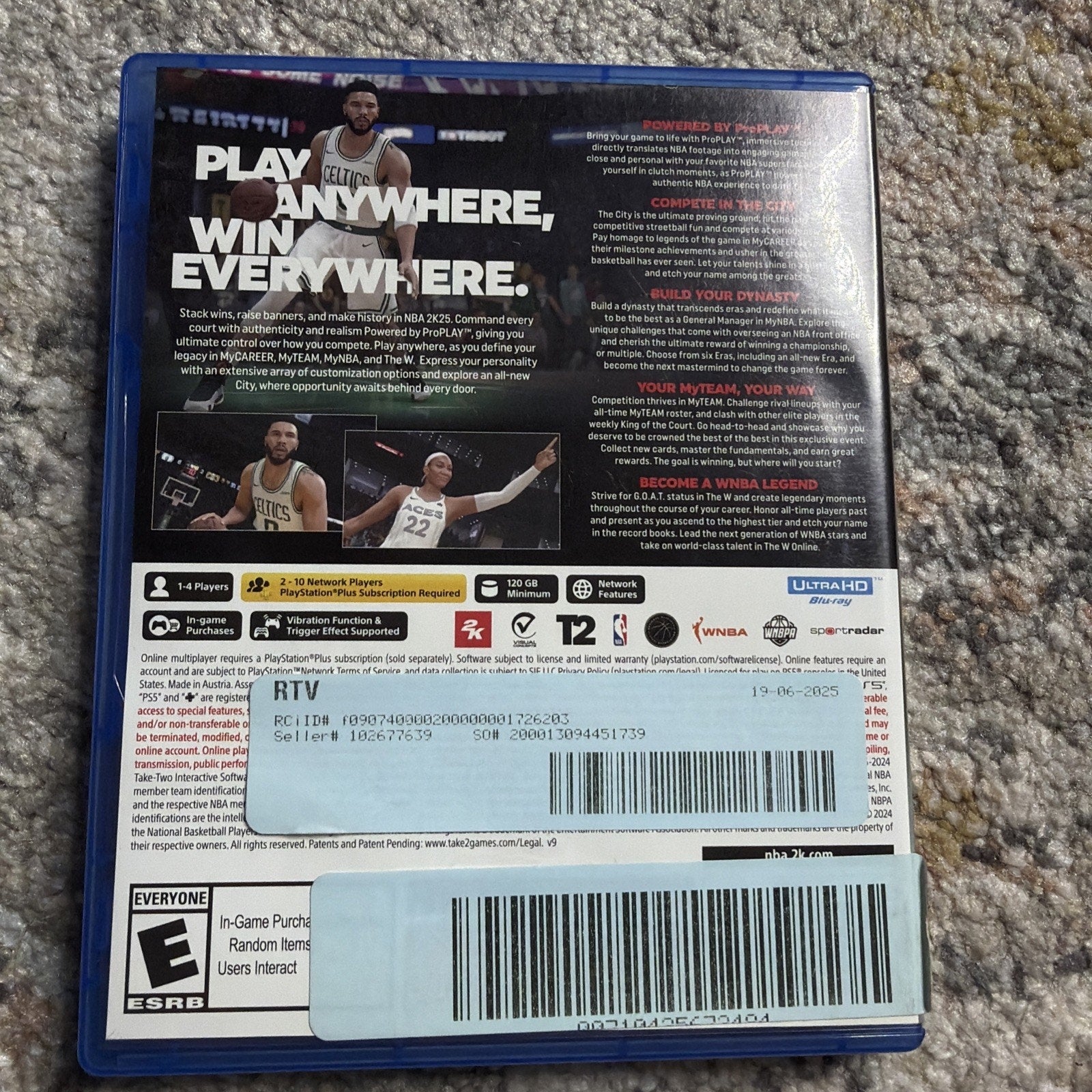 Back cover of a basketball video game case featuring player images, game modes descriptions, compatibility icons, and rating information on a black background with text detailing gameplay features.