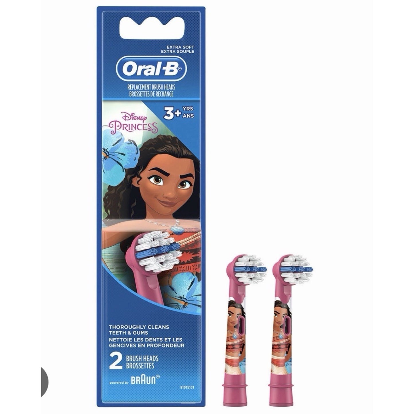 Oral-B extra soft replacement brush heads for children ages 3 and up, featuring Disney Princess design with images of a young girl and blue flowers on the handles.
