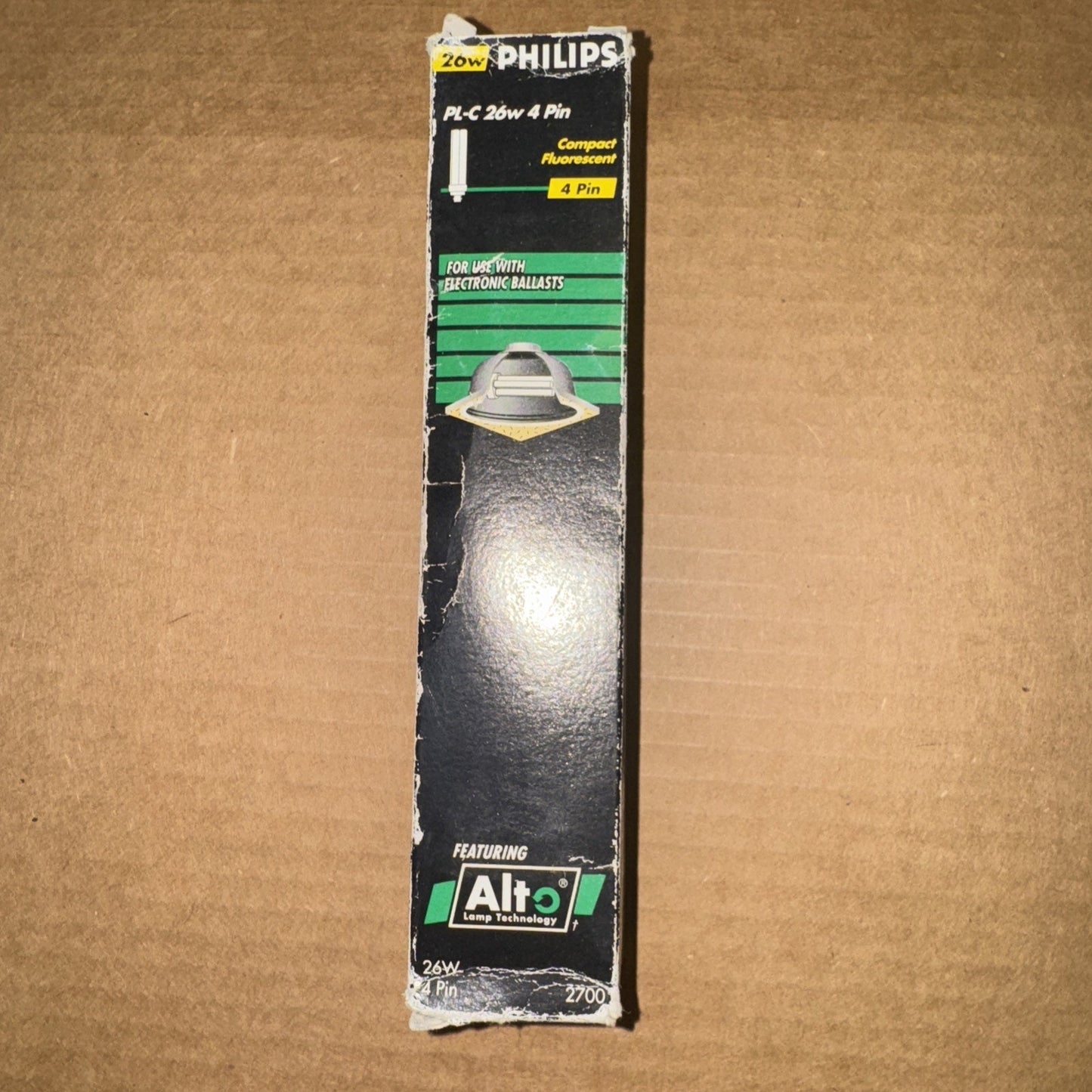 PHILIPS 383349 26 Watts Pin Base PL-C ALTO compact fluorescent bulb box with product details on cardboard background