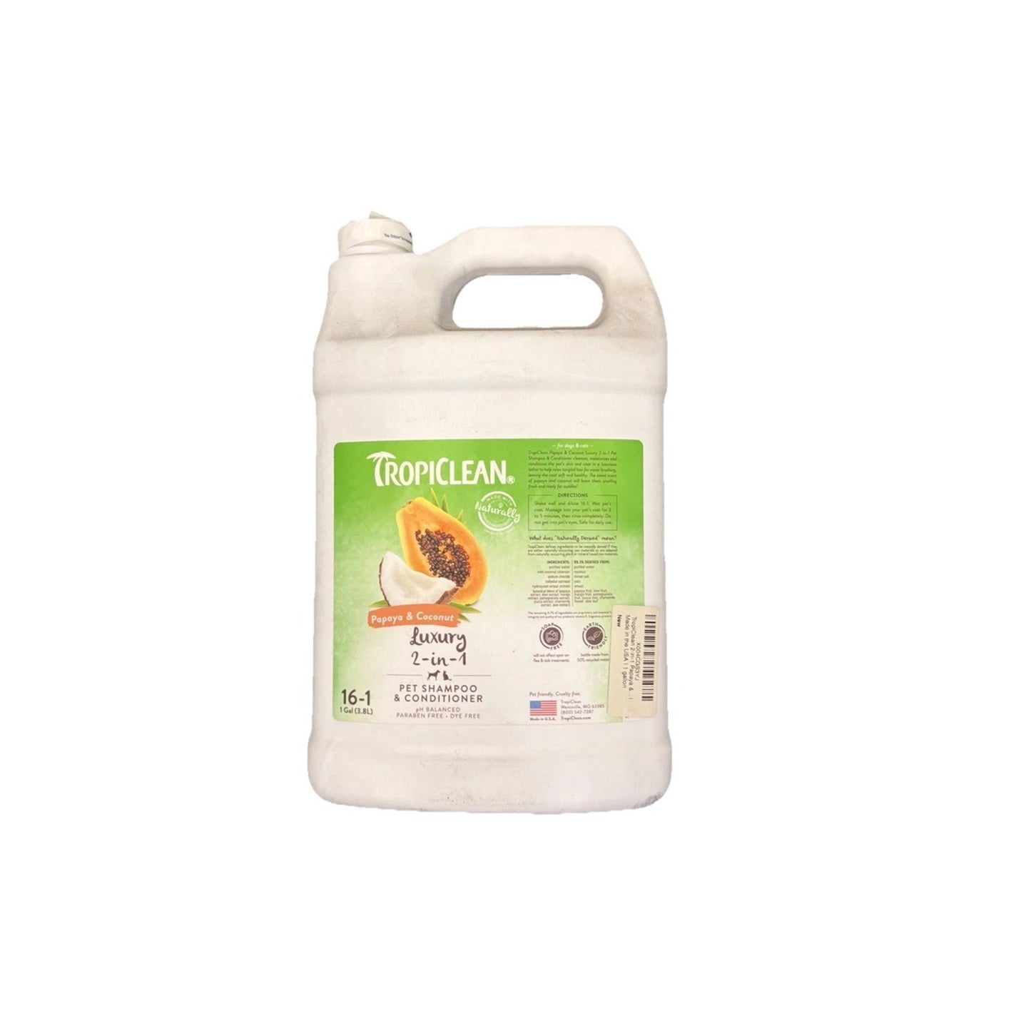 White plastic gallon jug with a green label showing papaya and coconut images, featuring text for a 2-in-1 pet shampoo and conditioner on a plain white background.