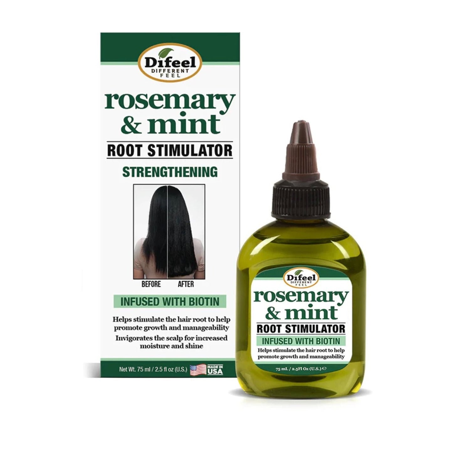 Clear green plastic bottle of rosemary and mint root stimulator with brown precision nozzle cap, shown alongside its box featuring before and after hair growth images and biotin infusion claims.