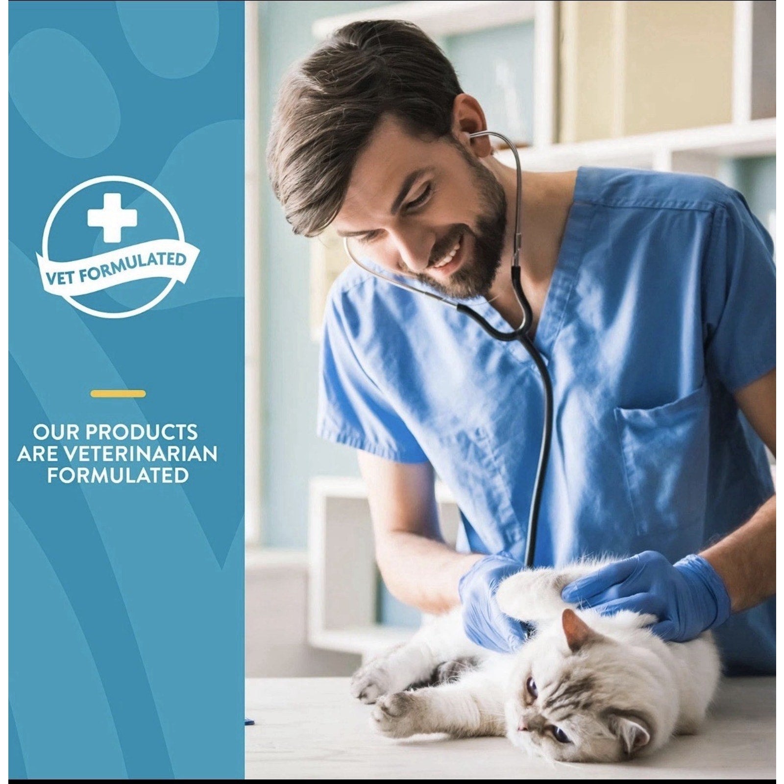 A male veterinarian in blue scrubs using a stethoscope to examine a relaxed white and gray cat lying on a table indoors, with a blue banner stating vet formulated products.