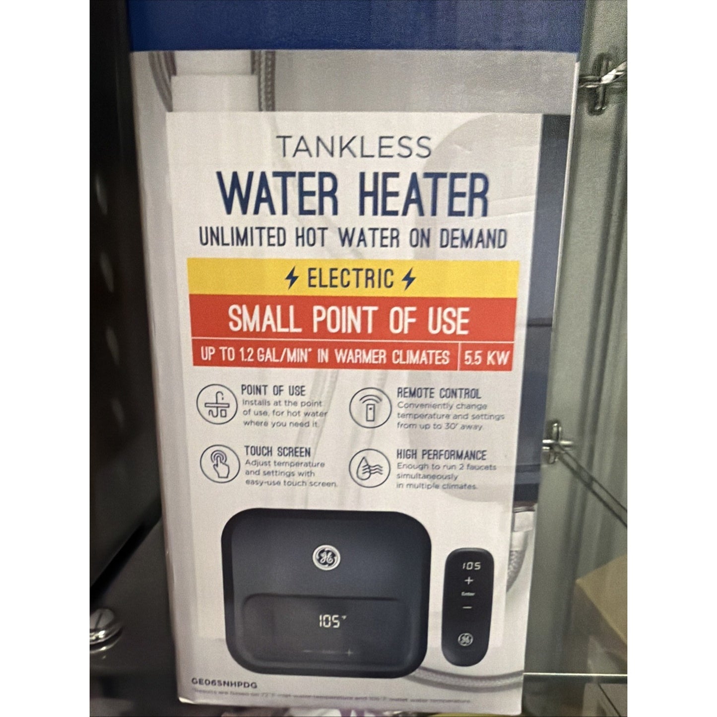 Packaging for an electric tankless water heater with touchscreen, remote control, and 5.5 kW power, offering unlimited hot water on demand and up to 1.2 gallons per minute in warmer climates.