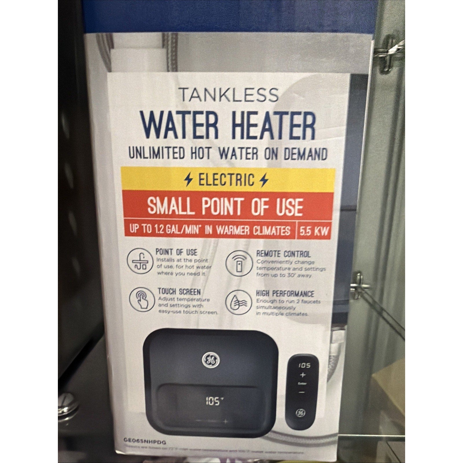 Packaging for an electric tankless water heater with touchscreen, remote control, and 5.5 kW power, offering unlimited hot water on demand and up to 1.2 gallons per minute in warmer climates.