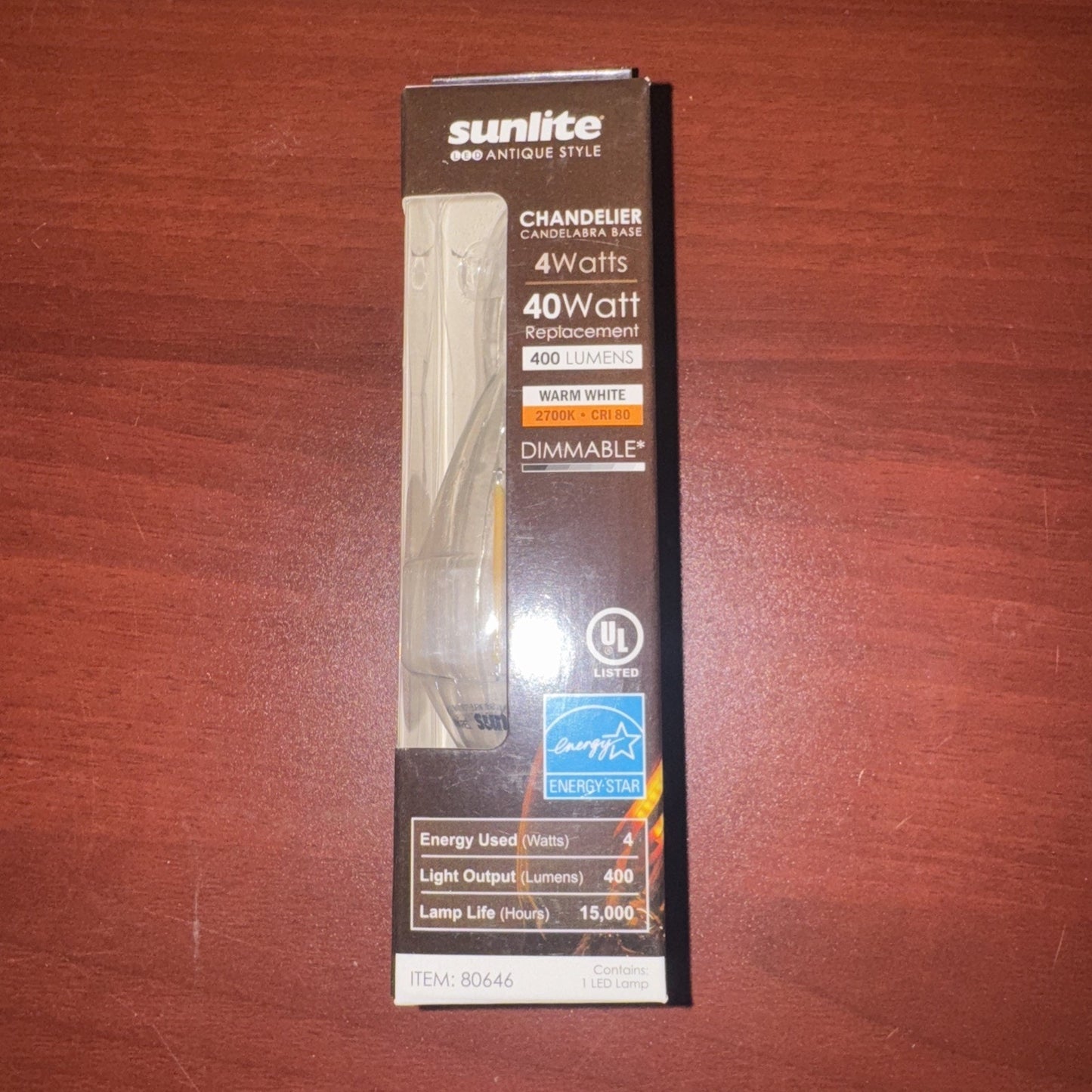 Sunlite 4W LED filament chandelier bulb clear torpedo shape warm white 2700K dimmable 40 watt replacement in packaging