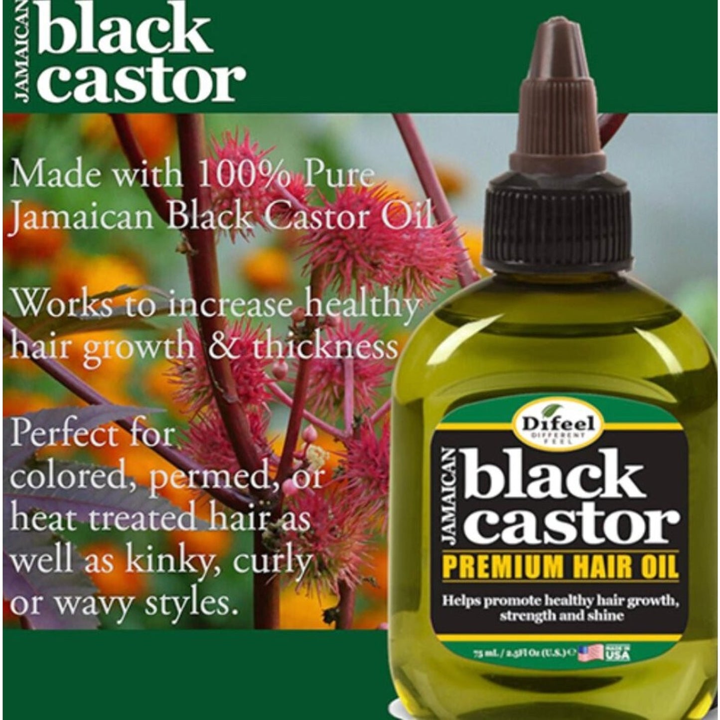 Bottle of Jamaican black castor premium hair oil with a pointed brown cap, displayed beside castor plant seeds and text highlighting benefits for hair growth, thickness, and suitability for various hair types.