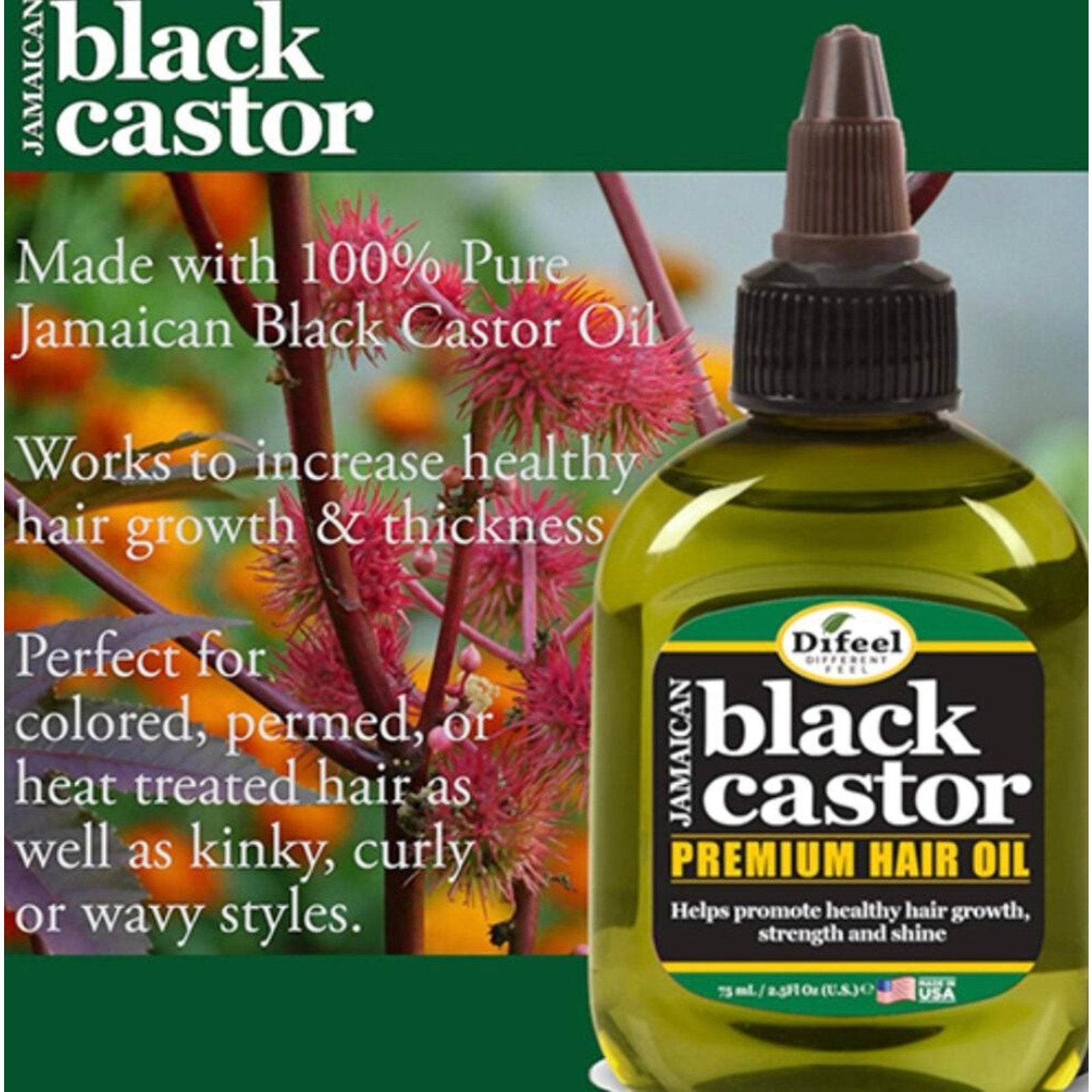 Bottle of Jamaican black castor premium hair oil with a pointed brown cap, displayed beside castor plant seeds and text highlighting benefits for hair growth, thickness, and suitability for various hair types.