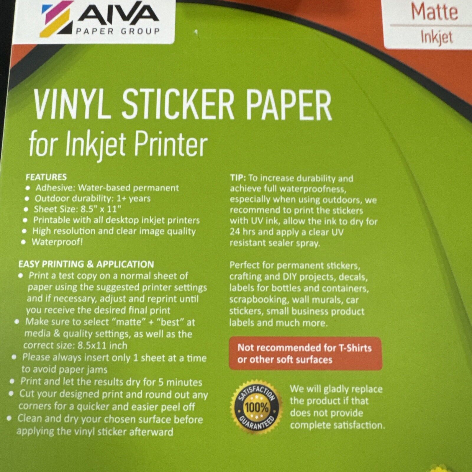 Printable matte white vinyl sticker paper for inkjet printers with waterproof, high-resolution quality and 100 sheets per pack
