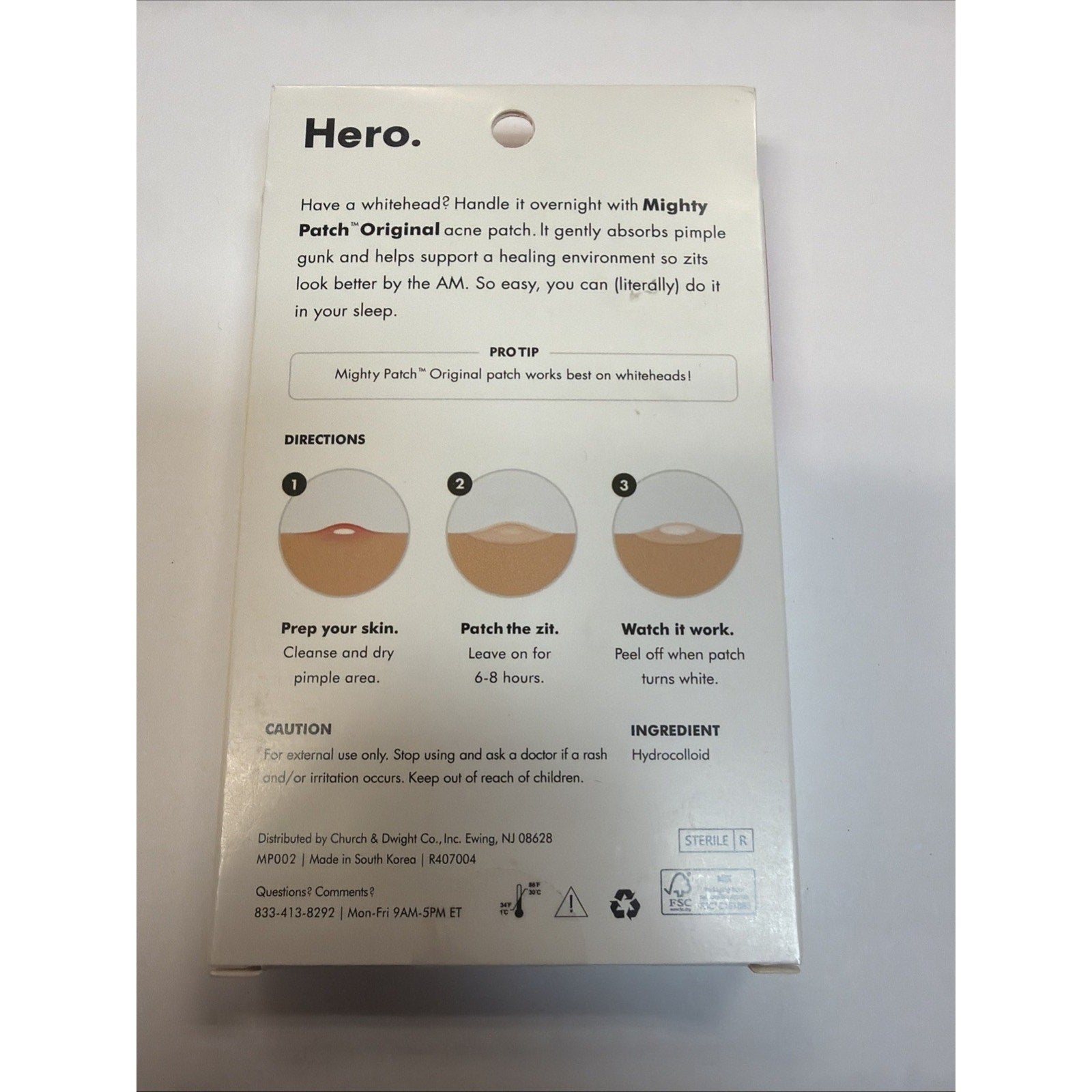 White rectangular product package back showing instructions and usage tips for an acne patch, including illustrated steps for prepping skin, applying the patch, and removing it after 6-8 hours, along with caution and ingredient information.
