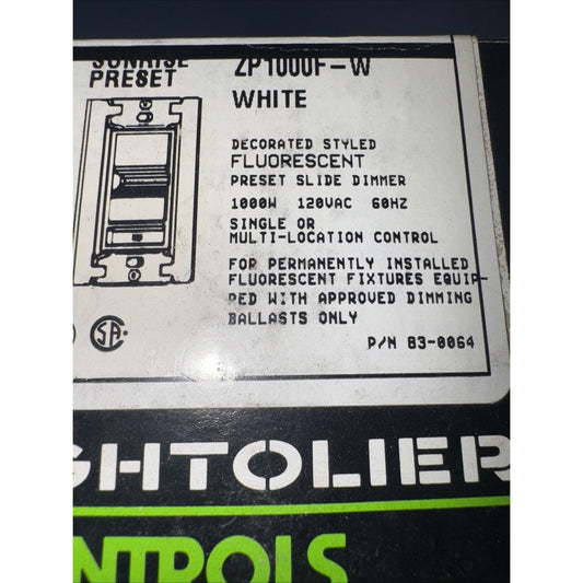 Lightolier Controls ZP1000F-W fluorescent preset slide dimmer label specifying 1000W 120VAC 60Hz and installation details