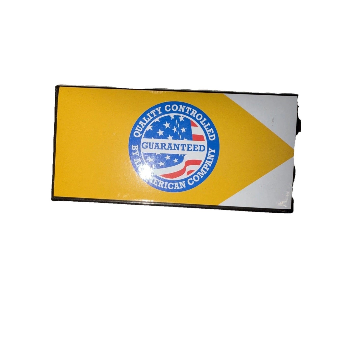 Rectangular box with a yellow and white design featuring a circular blue emblem displaying white stars, stripes, and text that reads "Quality Controlled Guaranteed Big American Company.
