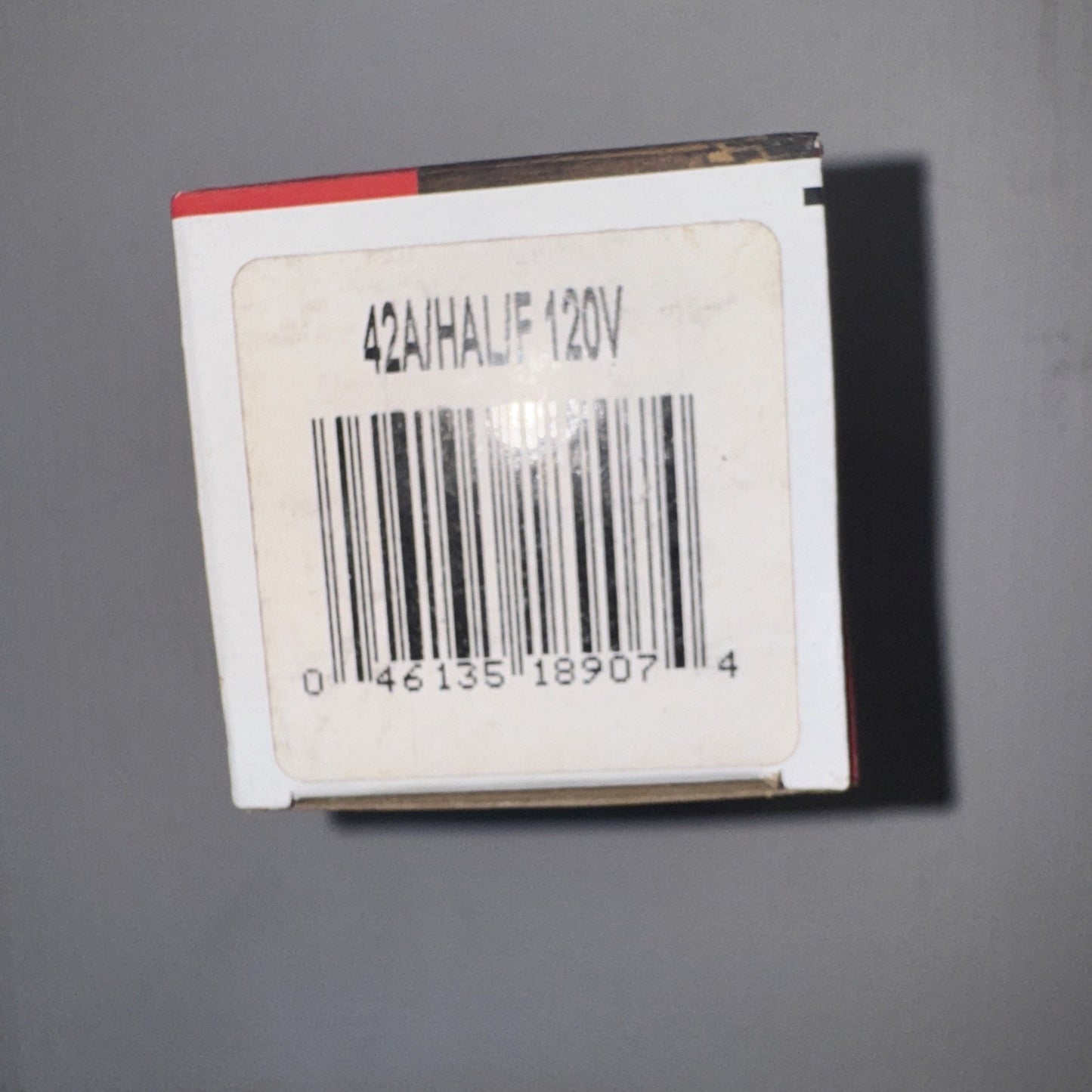 Barcode label on SYLVANIA 42A/HAL/F 120V daylight plus light bulb box with product code and numbers visible