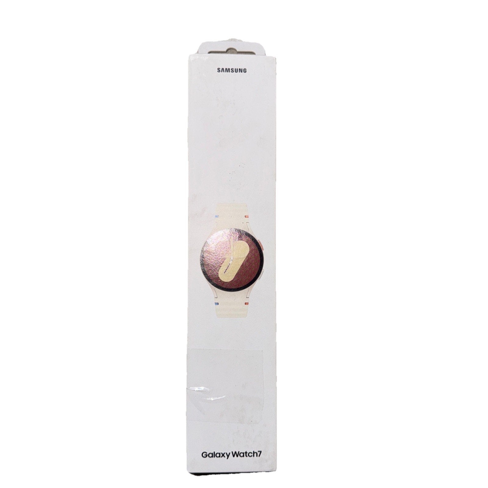 Packaging box for Samsung Galaxy Watch7 40mm in cream with image of watch face and silicone band