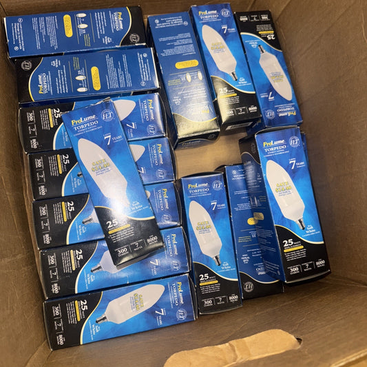 Box containing multiple blue and black Halco Prolume Torpedo 7 watt light bulbs model 1009004 packaging