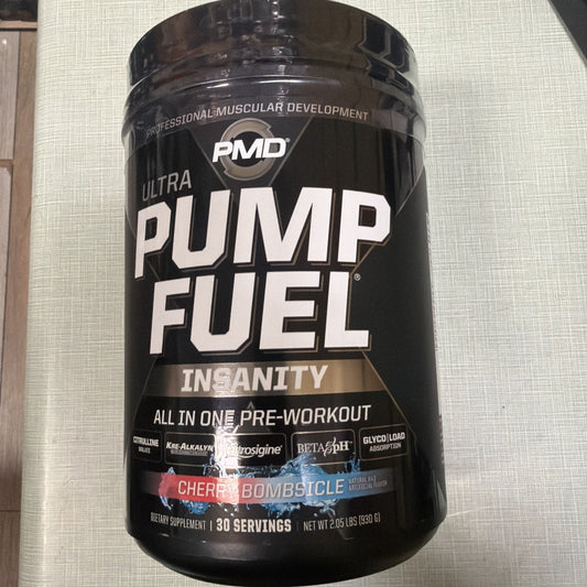 Black container of PMD Ultra Pump Fuel Insanity pre-workout supplement in cherry bombsicle flavor, showing 30 servings and key ingredient highlights on the label.