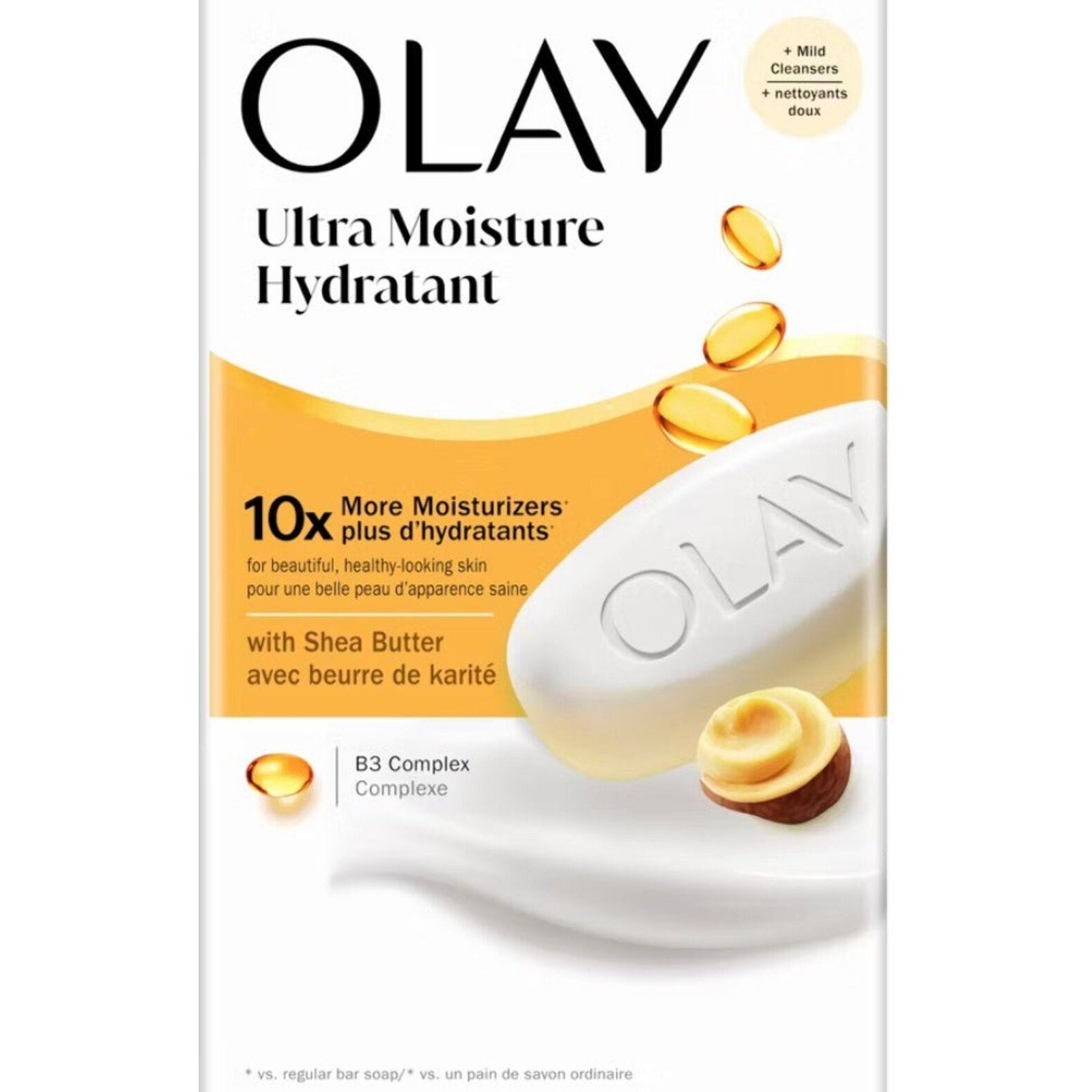 Packaging of Olay Ultra Moisture Hydratant bar soap featuring shea butter, showing the soap with OLAY embossed, a swirl of creamy lotion, and golden moisturizing capsules.