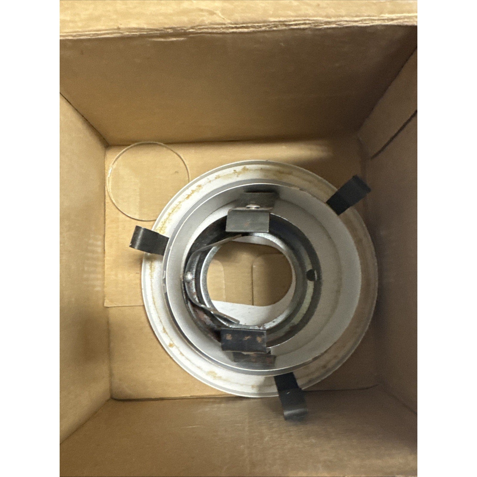 60417 Low Voltage Halogen Recessed Light Fixture MR16 50W Max white housing with mounting clips inside cardboard box